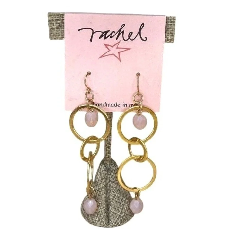 Boho Chic Gold Interlocking Hoop Pink‎ Bead Dangle Earrings from Rachel Handmade